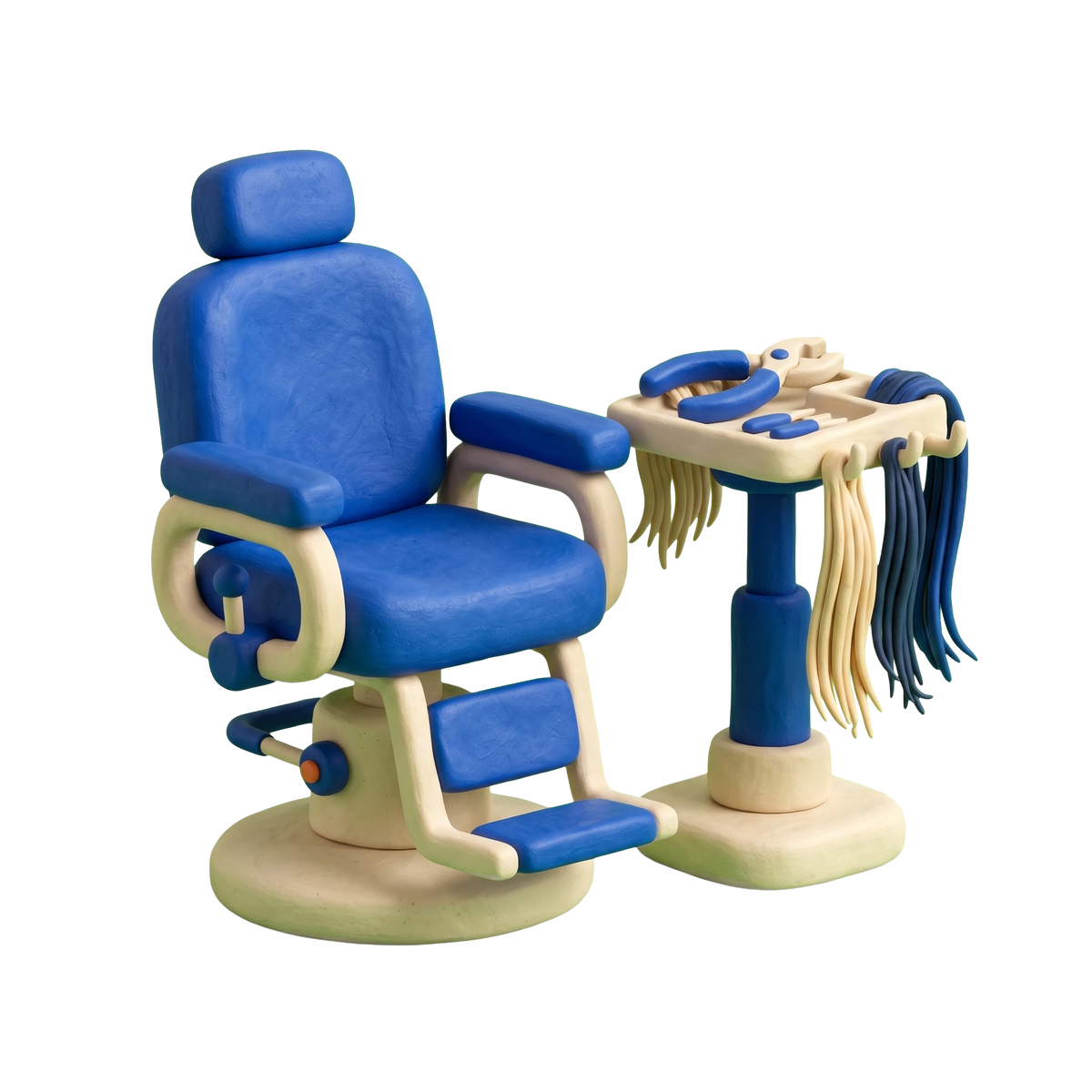 Hair extension technician illustration in blue and ivory clay