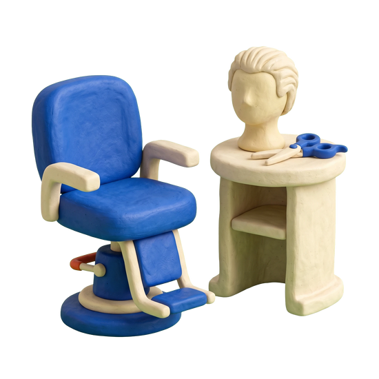 Hair replacement service illustration in blue and ivory clay