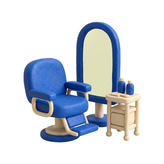 Hair salon illustration in blue and ivory clay