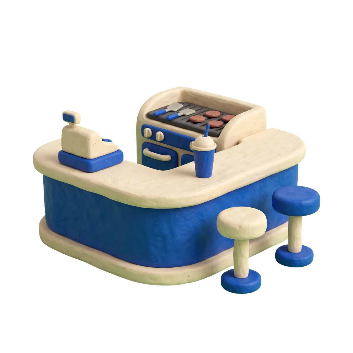 Hamburger restaurant illustration in blue and ivory clay