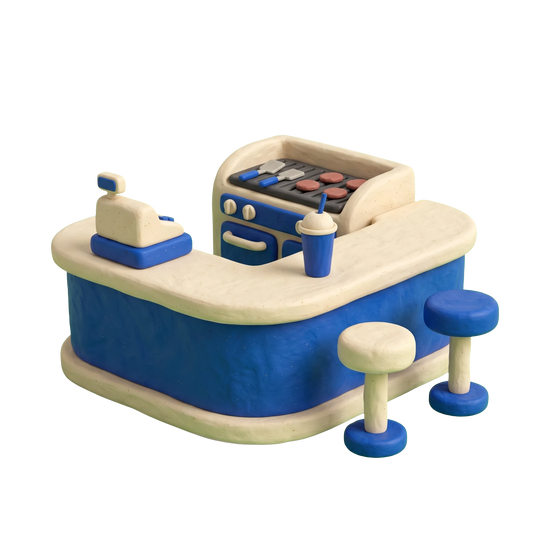 Hamburger restaurant illustration in blue and ivory clay