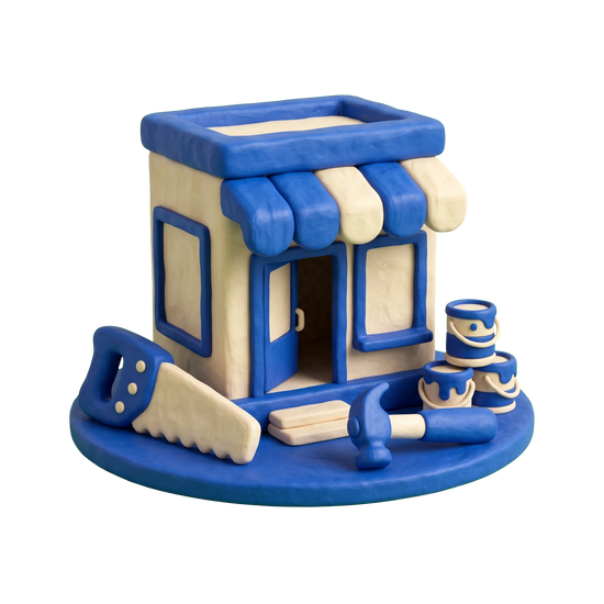 Hardware store illustration in blue and ivory clay