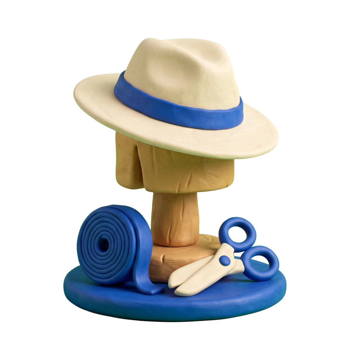 Hat shop illustration in blue and ivory clay