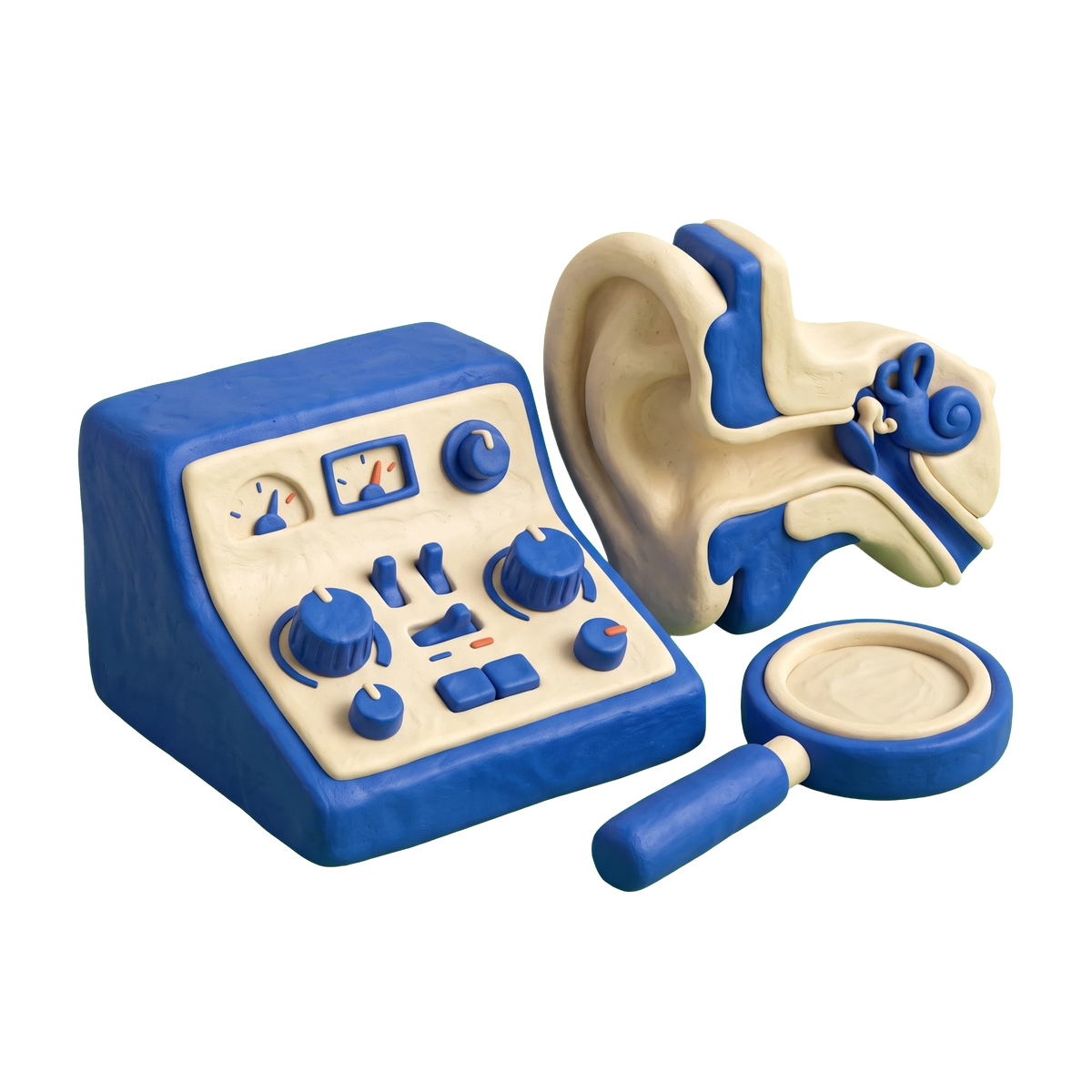 Hearing aid store illustration in blue and ivory clay