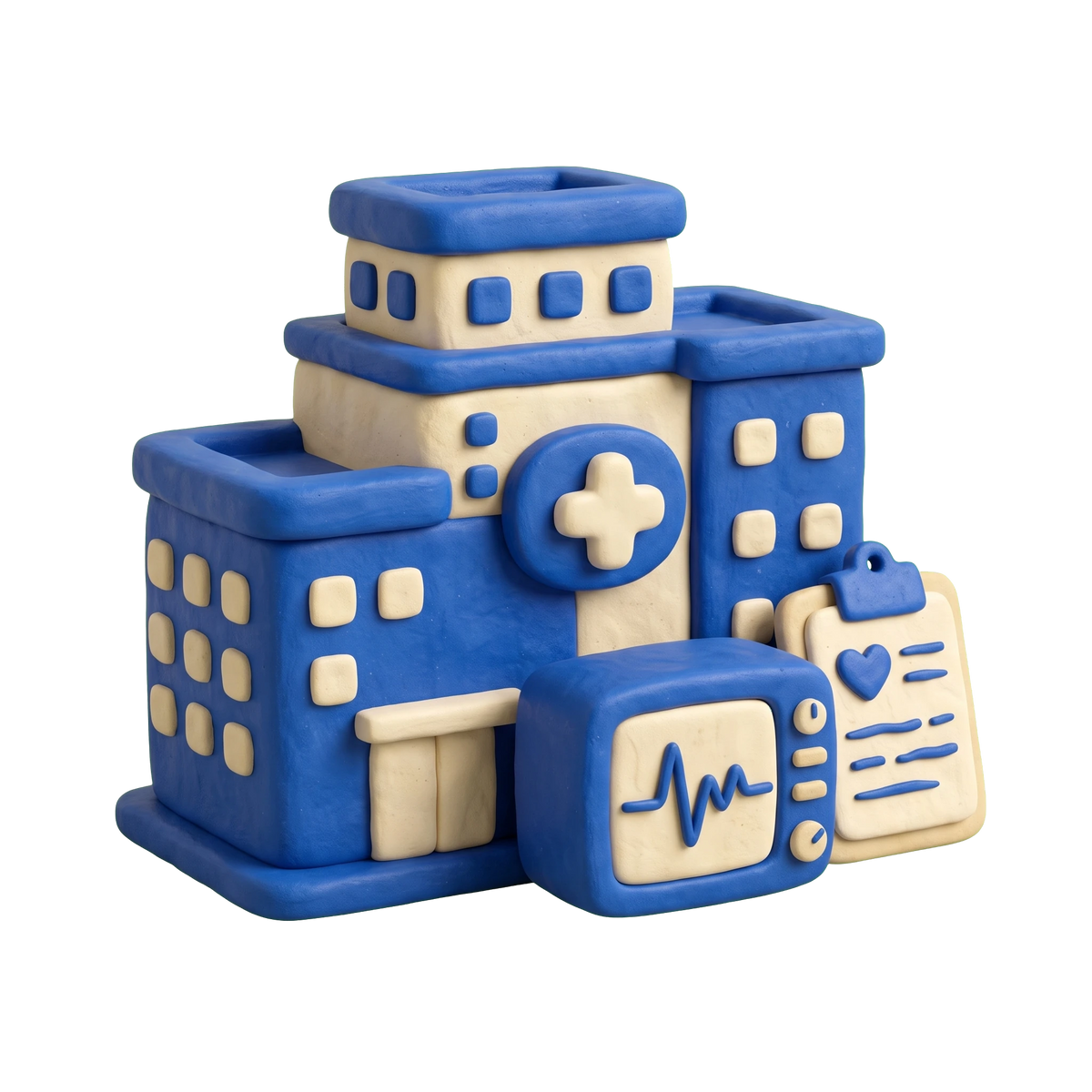 Heart hospital illustration in blue and ivory clay