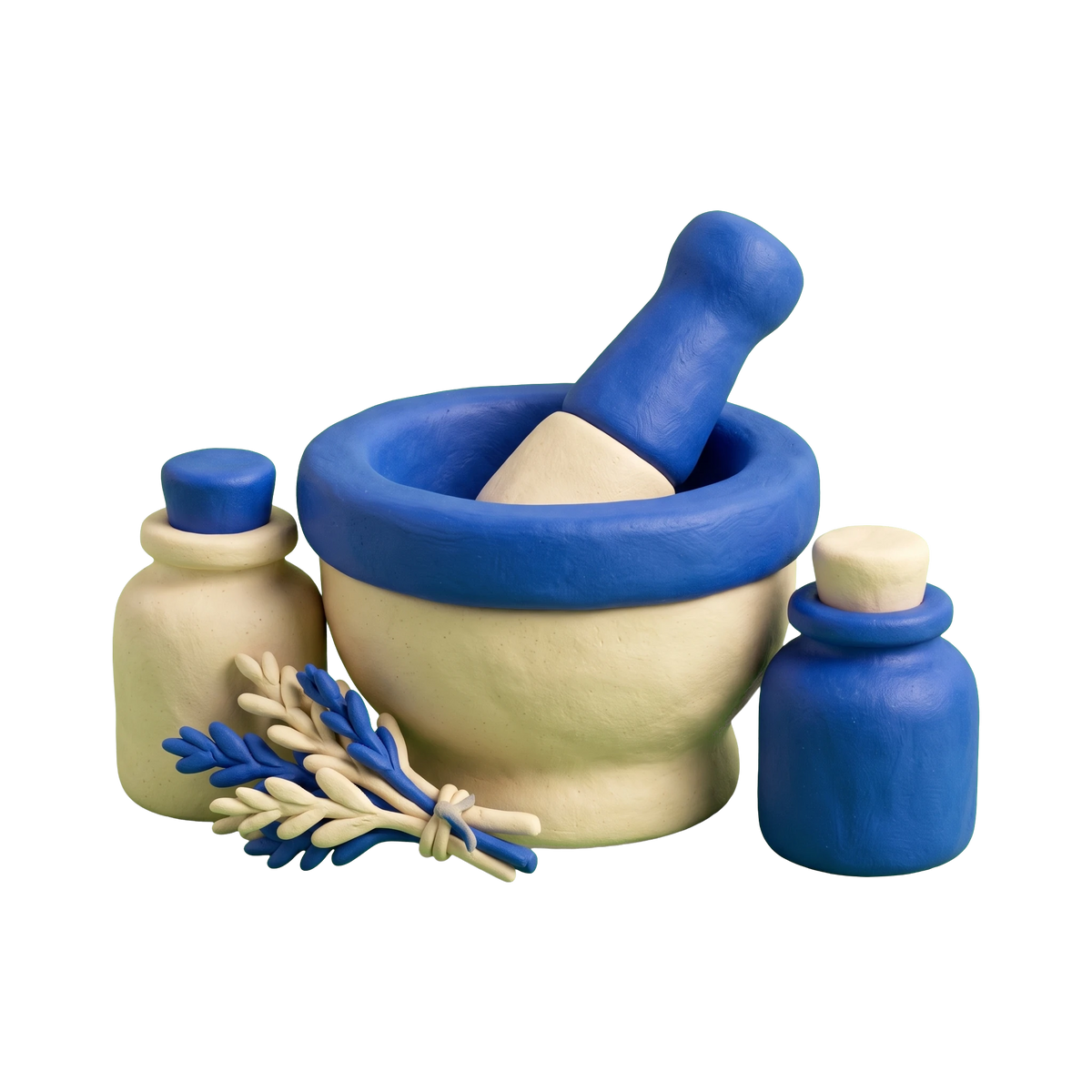Herb shop illustration in blue and ivory clay