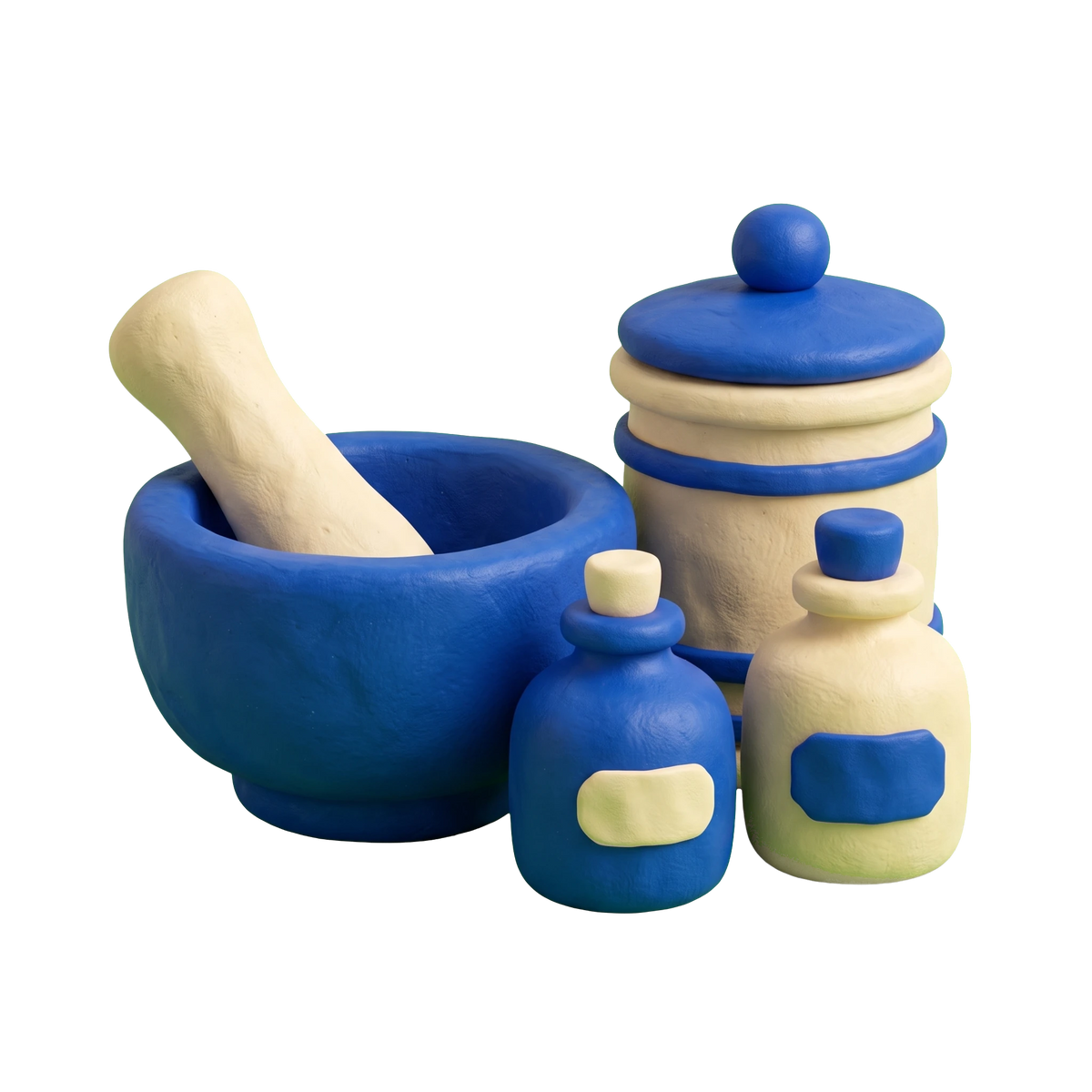 Herbal medicine store illustration in blue and ivory clay