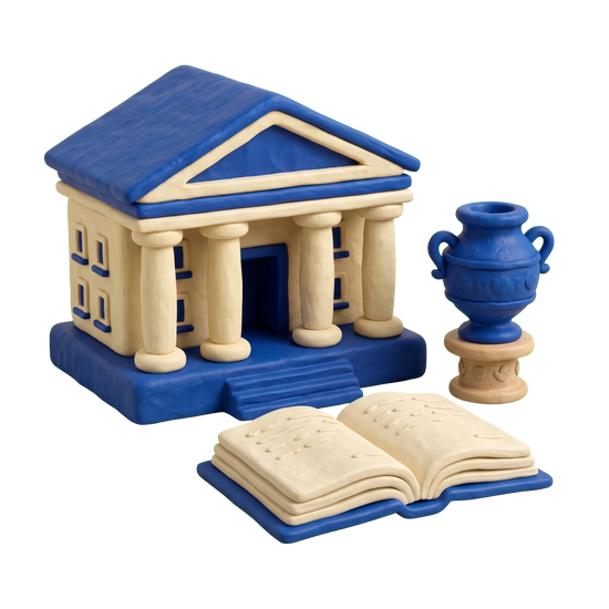 Heritage museum illustration in blue and ivory clay