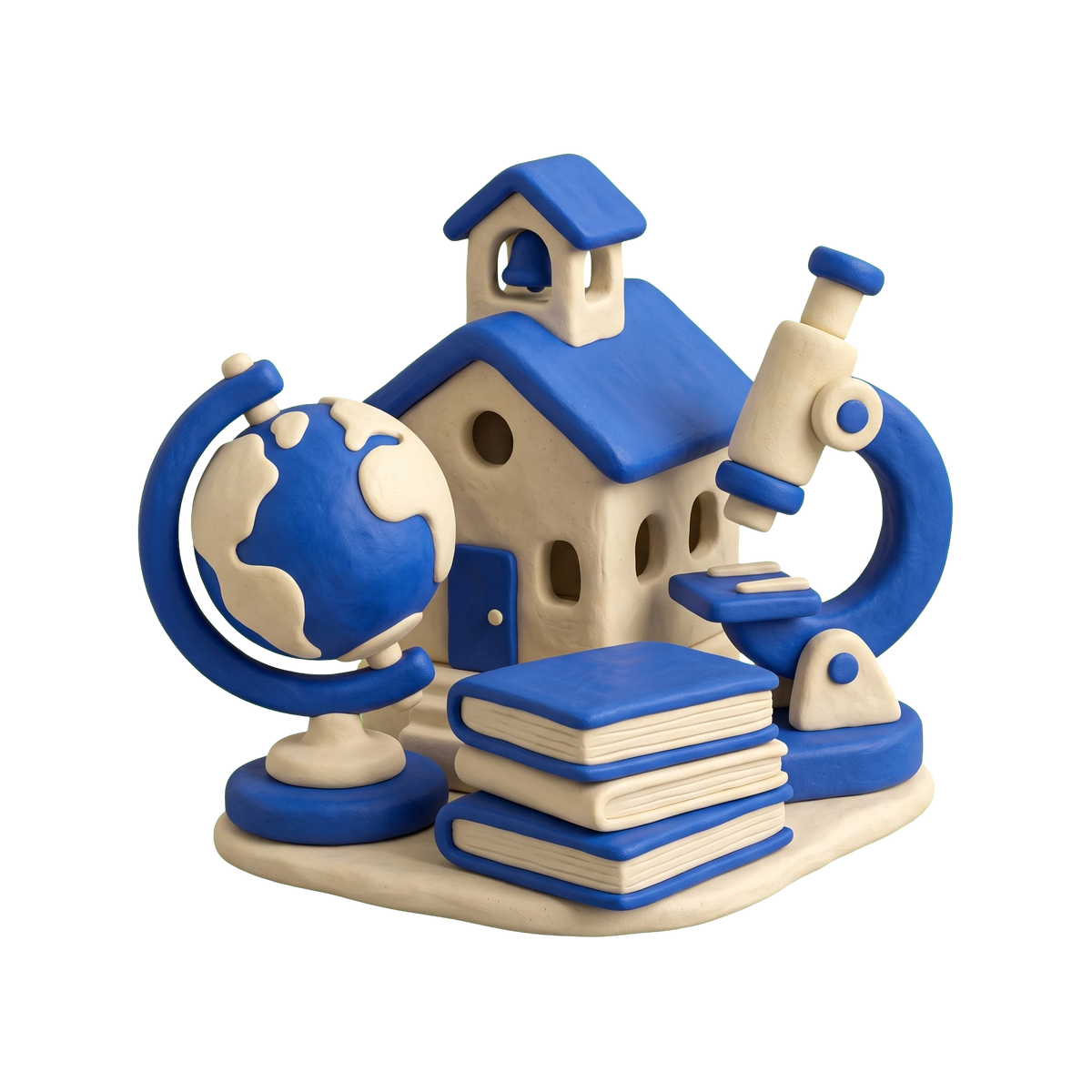 High school illustration in blue and ivory clay