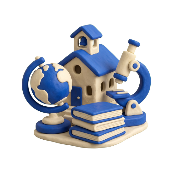 High school illustration in blue and ivory clay