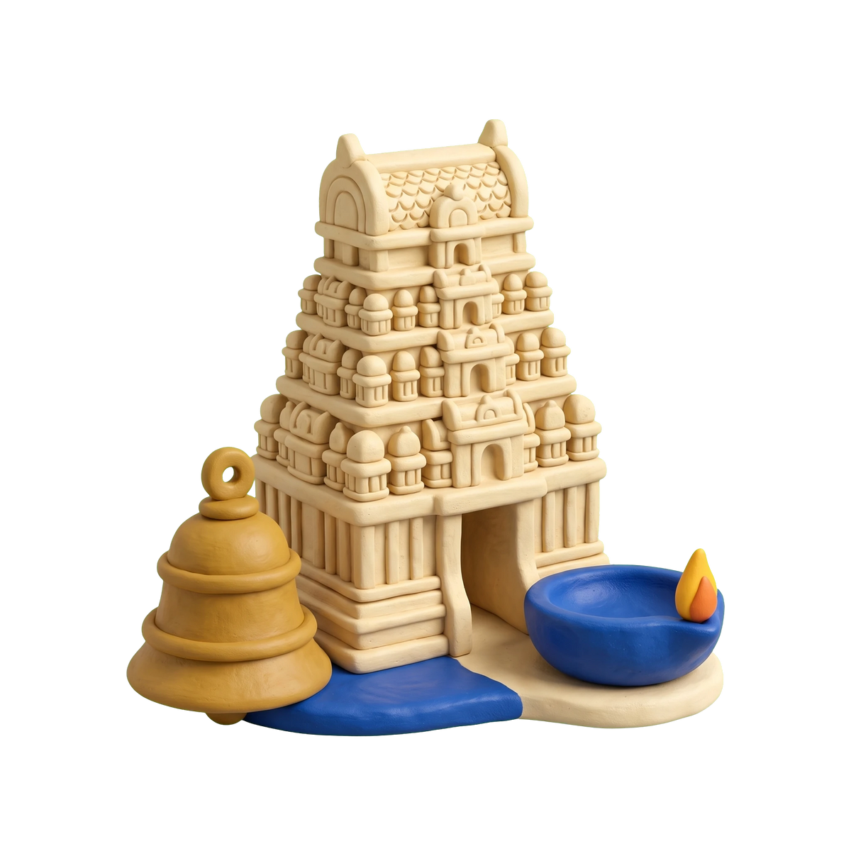 Hindu temple illustration in blue and ivory clay