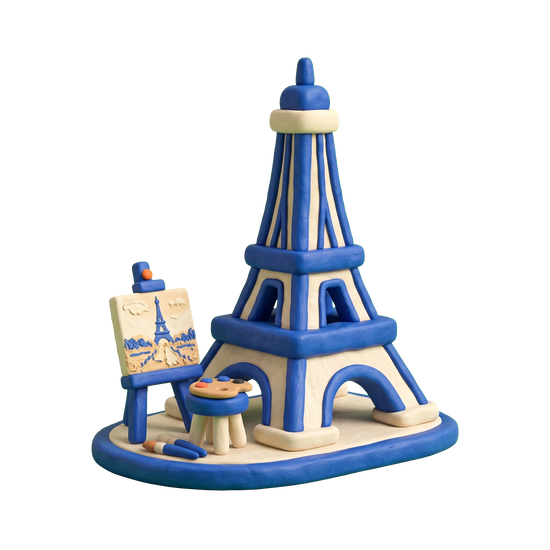 Historical landmark illustration in blue and ivory clay