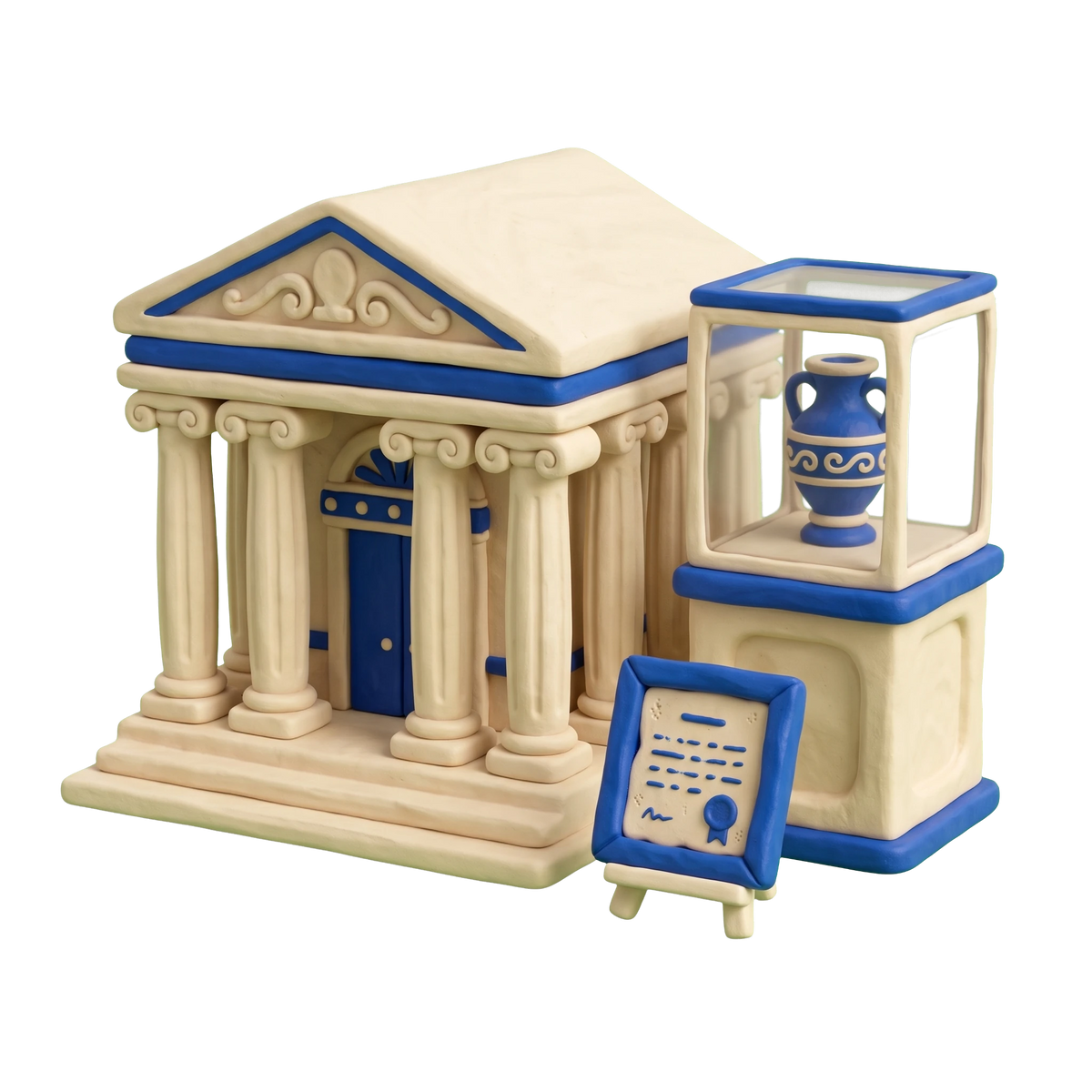 History museum illustration in blue and ivory clay