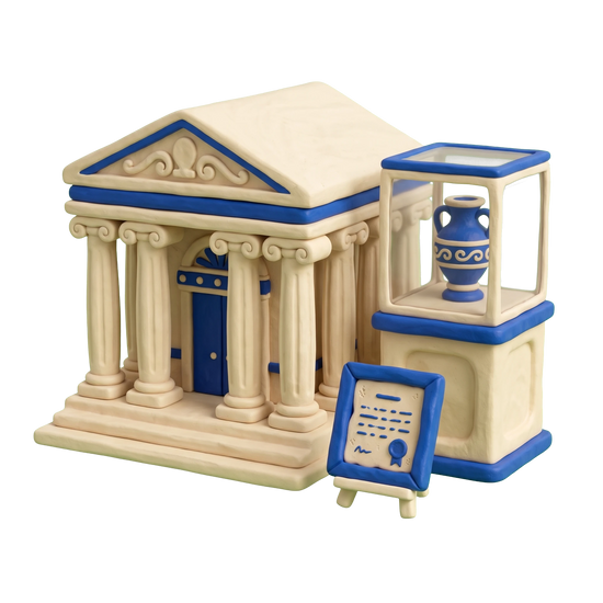 History museum illustration in blue and ivory clay