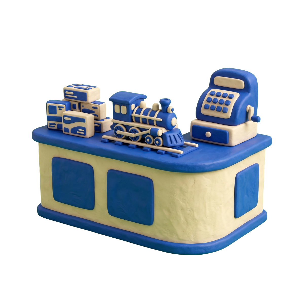 Hobby store illustration in blue and ivory clay