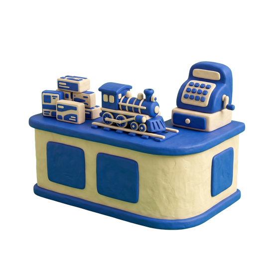Hobby store illustration in blue and ivory clay