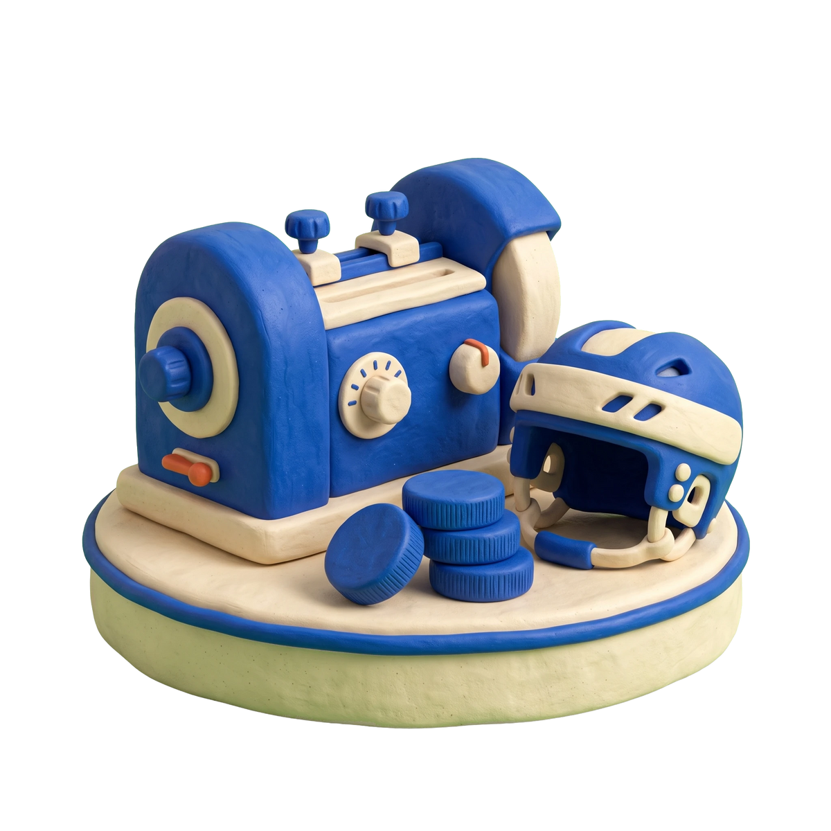 Hockey supply store illustration in blue and ivory clay