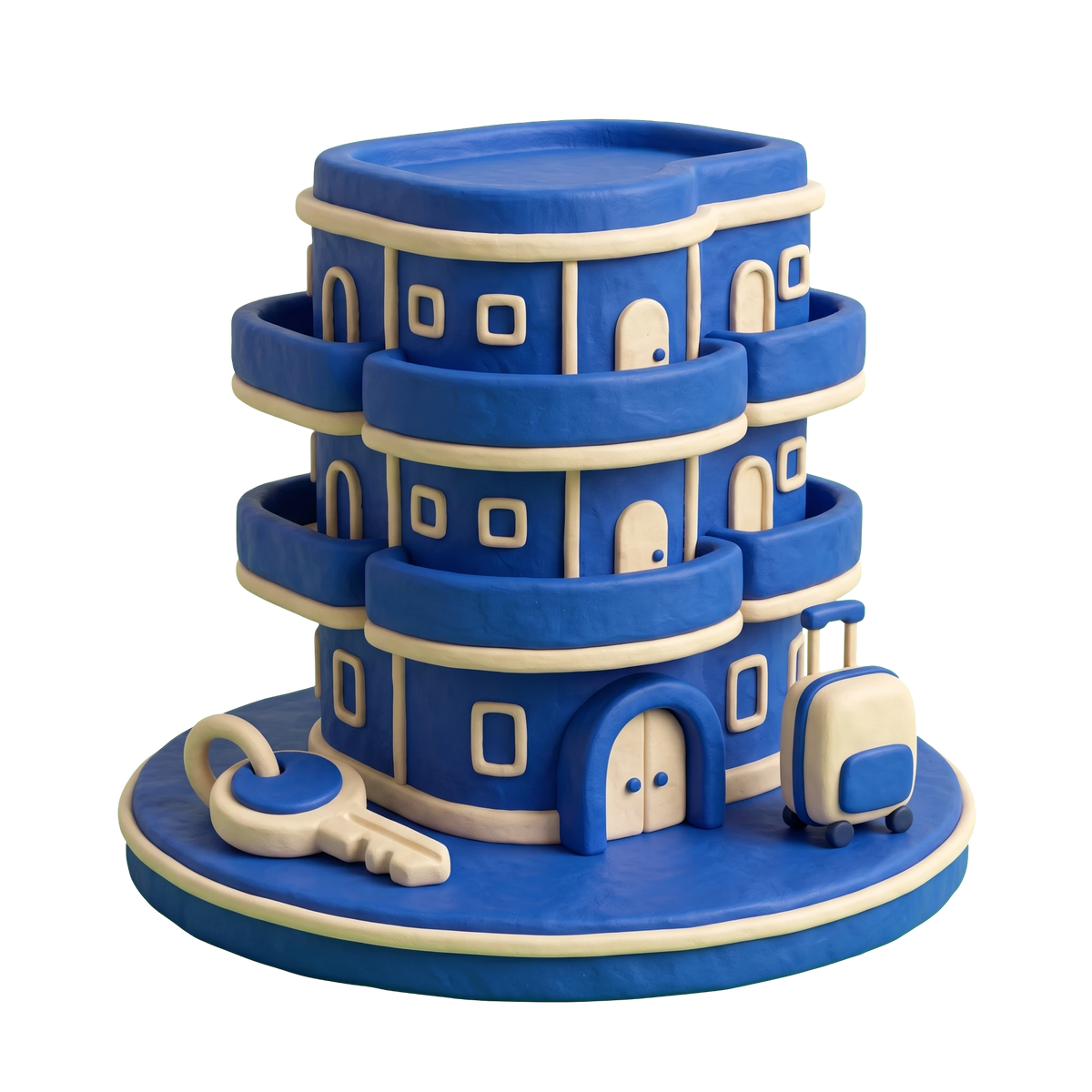 Holiday apartment rental illustration in blue and ivory clay