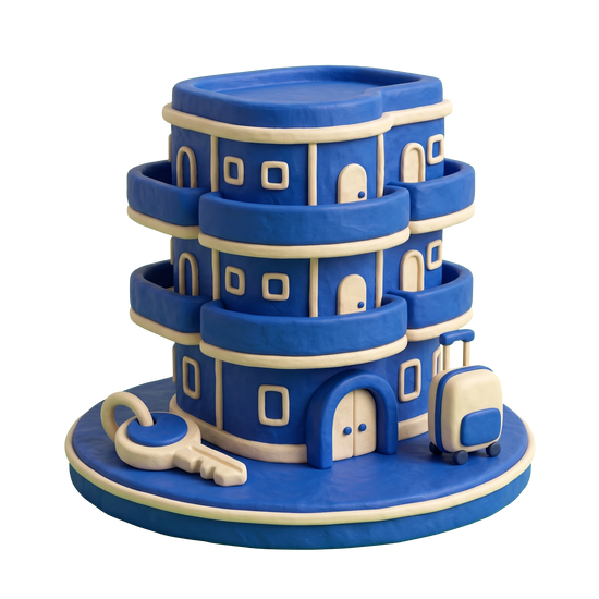 Holiday apartment rental illustration in blue and ivory clay