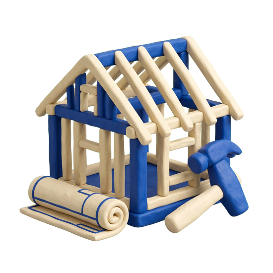 Home builder illustration in blue and ivory clay
