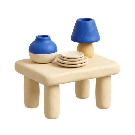 Home goods store illustration in blue and ivory clay