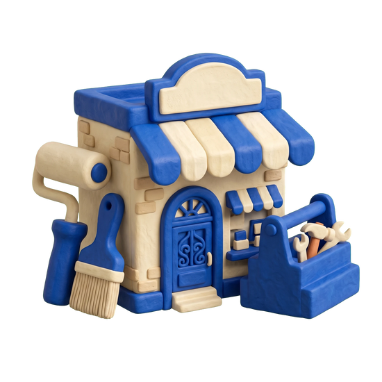 Home improvement store illustration in blue and ivory clay