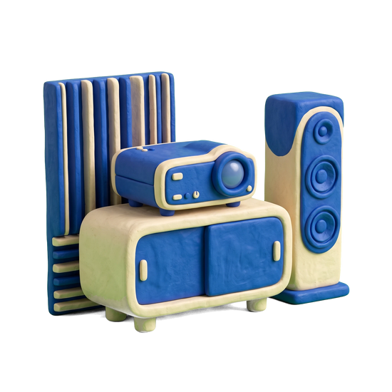 Home theater store illustration in blue and ivory clay