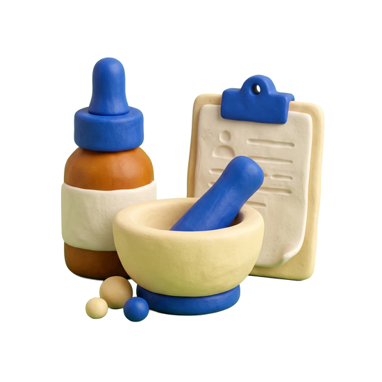 Homeopath illustration in blue and ivory clay