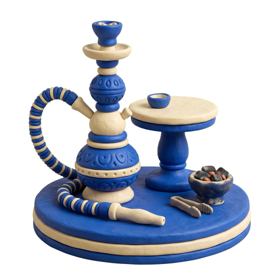 Hookah bar illustration in blue and ivory clay