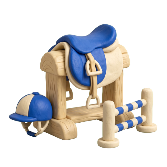 Horse riding school illustration in blue and ivory clay