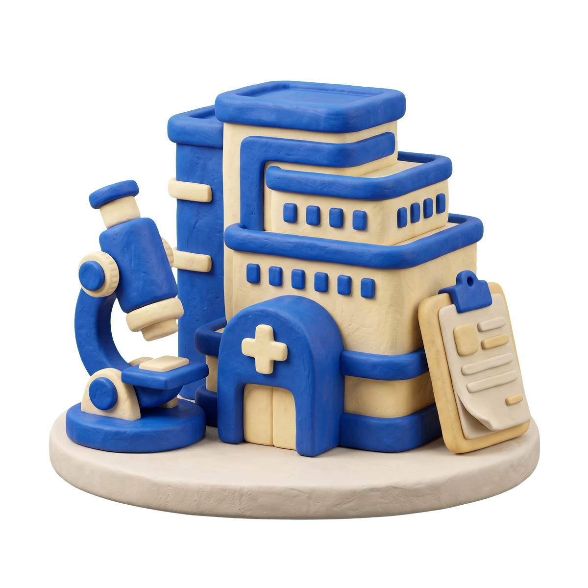 Hospital illustration in blue and ivory clay