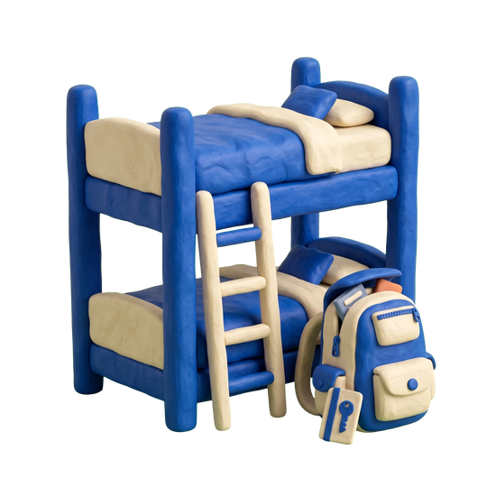 Hostel illustration in blue and ivory clay