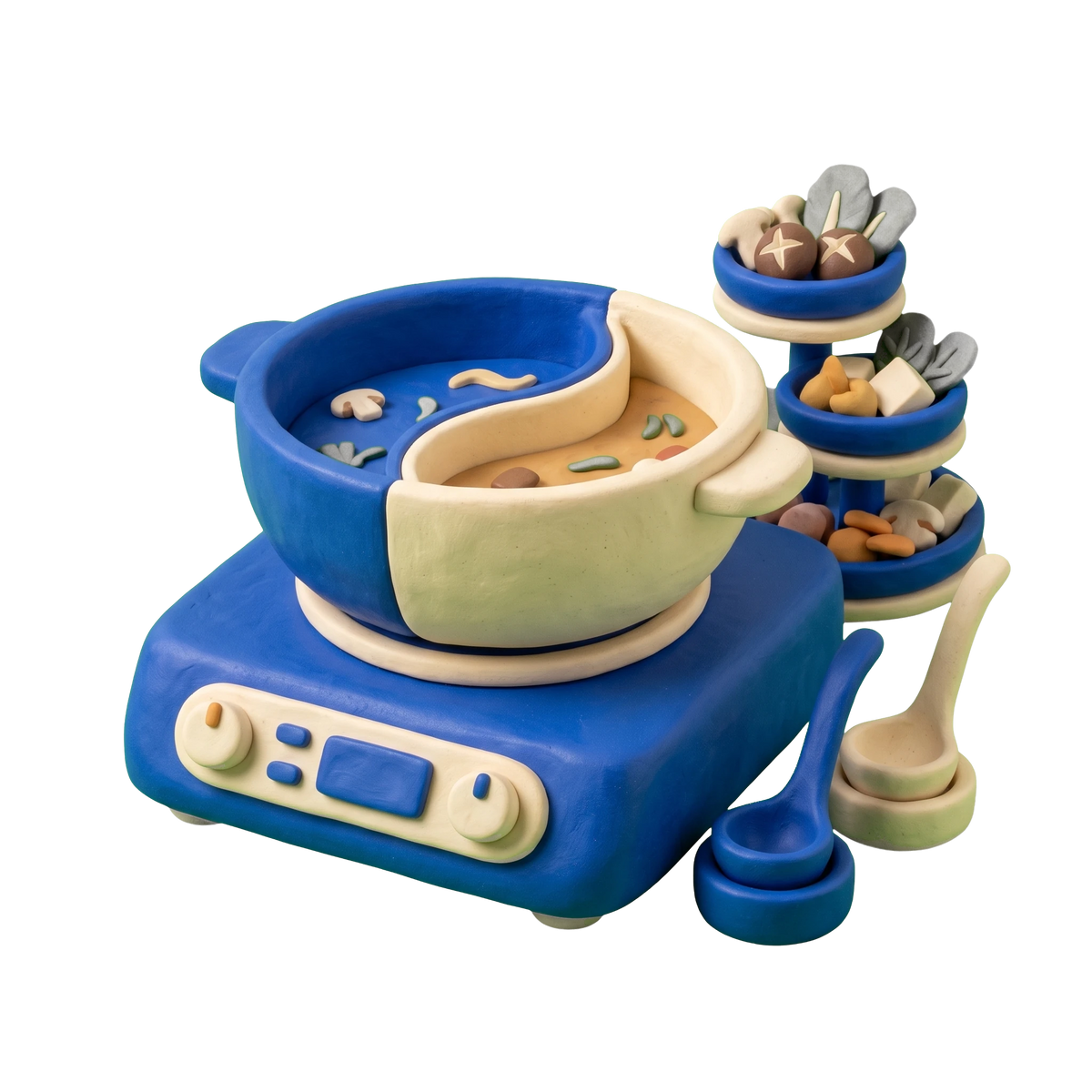 Hot pot restaurant illustration in blue and ivory clay
