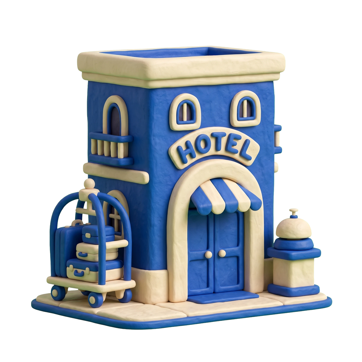 Hotel illustration in blue and ivory clay