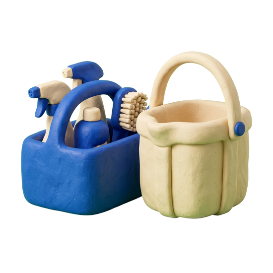 House cleaning service illustration in blue and ivory clay