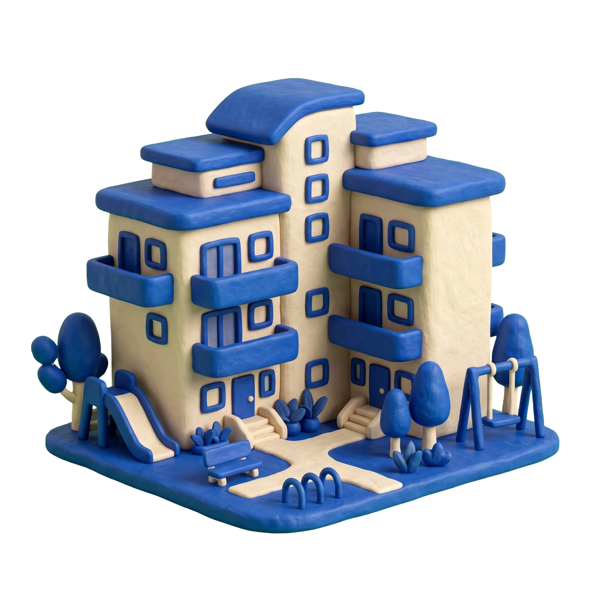 Housing complex illustration in blue and ivory clay