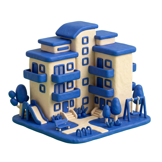 Housing complex illustration in blue and ivory clay