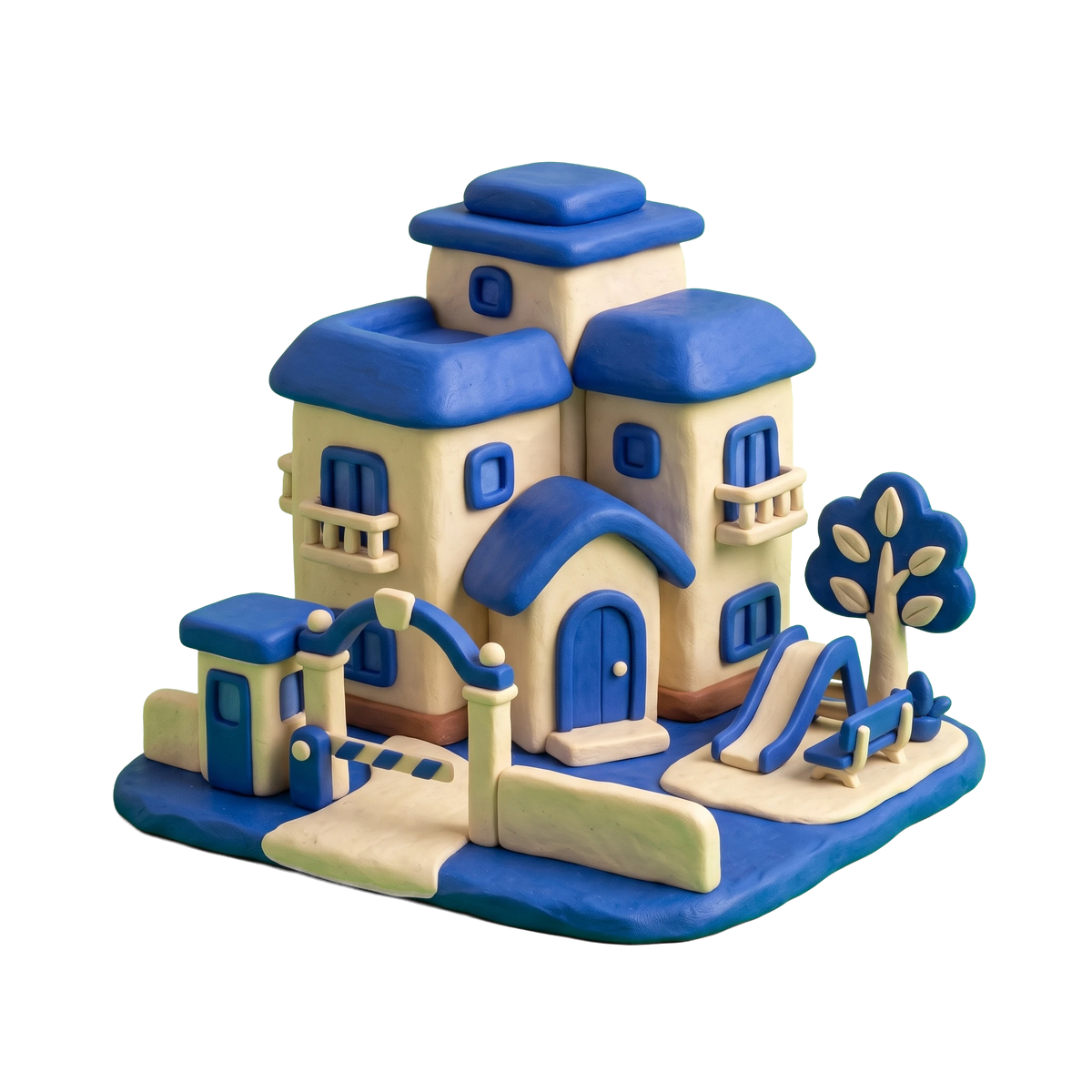 Housing society illustration in blue and ivory clay