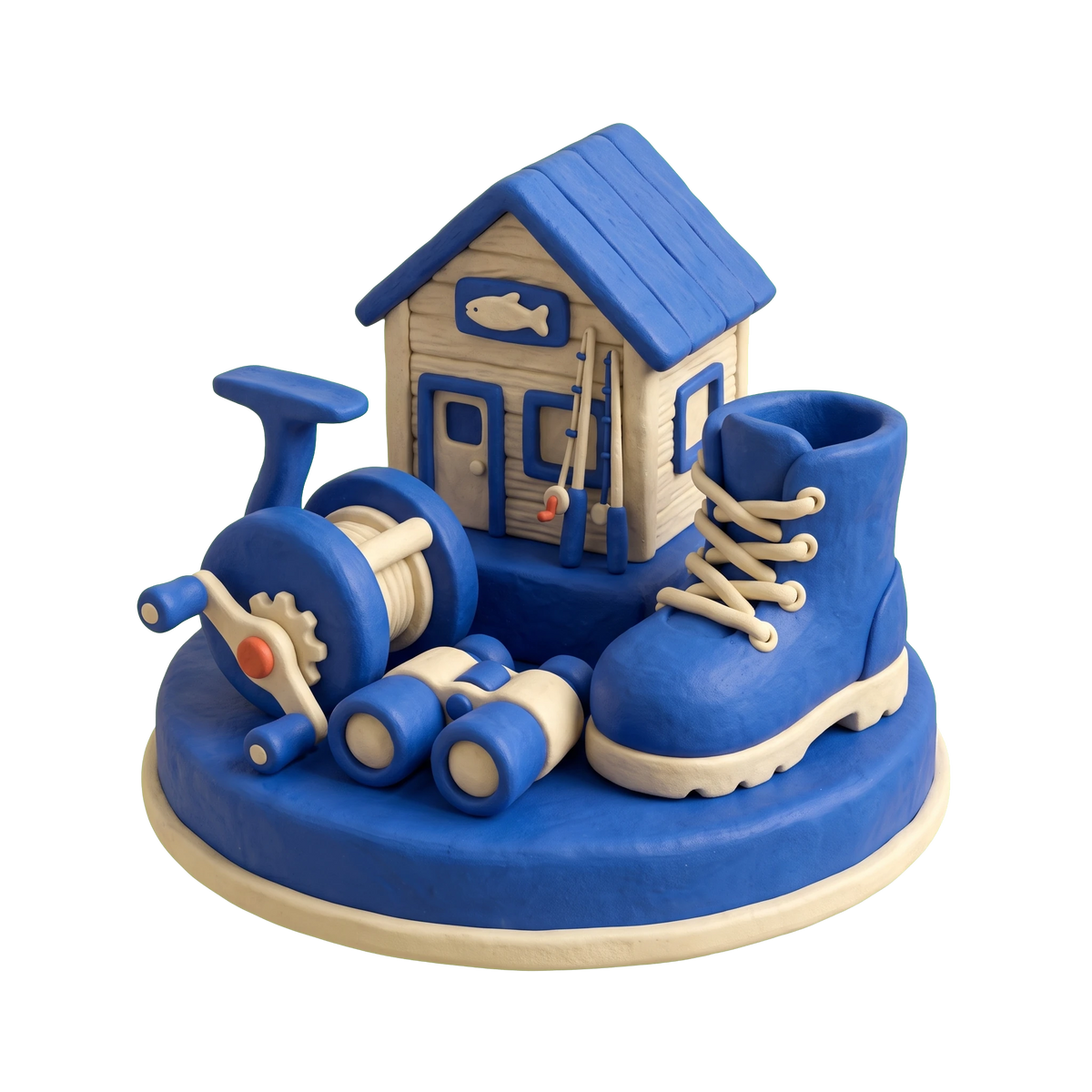 Hunting and fishing store illustration in blue and ivory clay