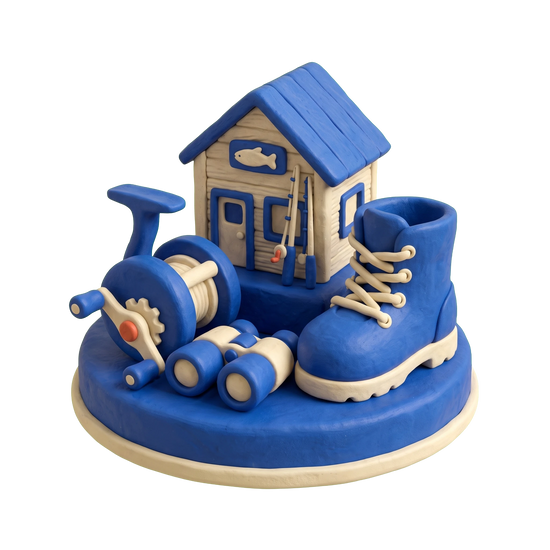 Hunting and fishing store illustration in blue and ivory clay