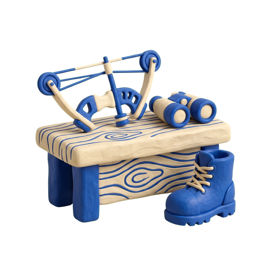 Hunting store illustration in blue and ivory clay