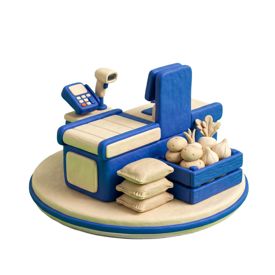 Indian grocery store illustration in blue and ivory clay