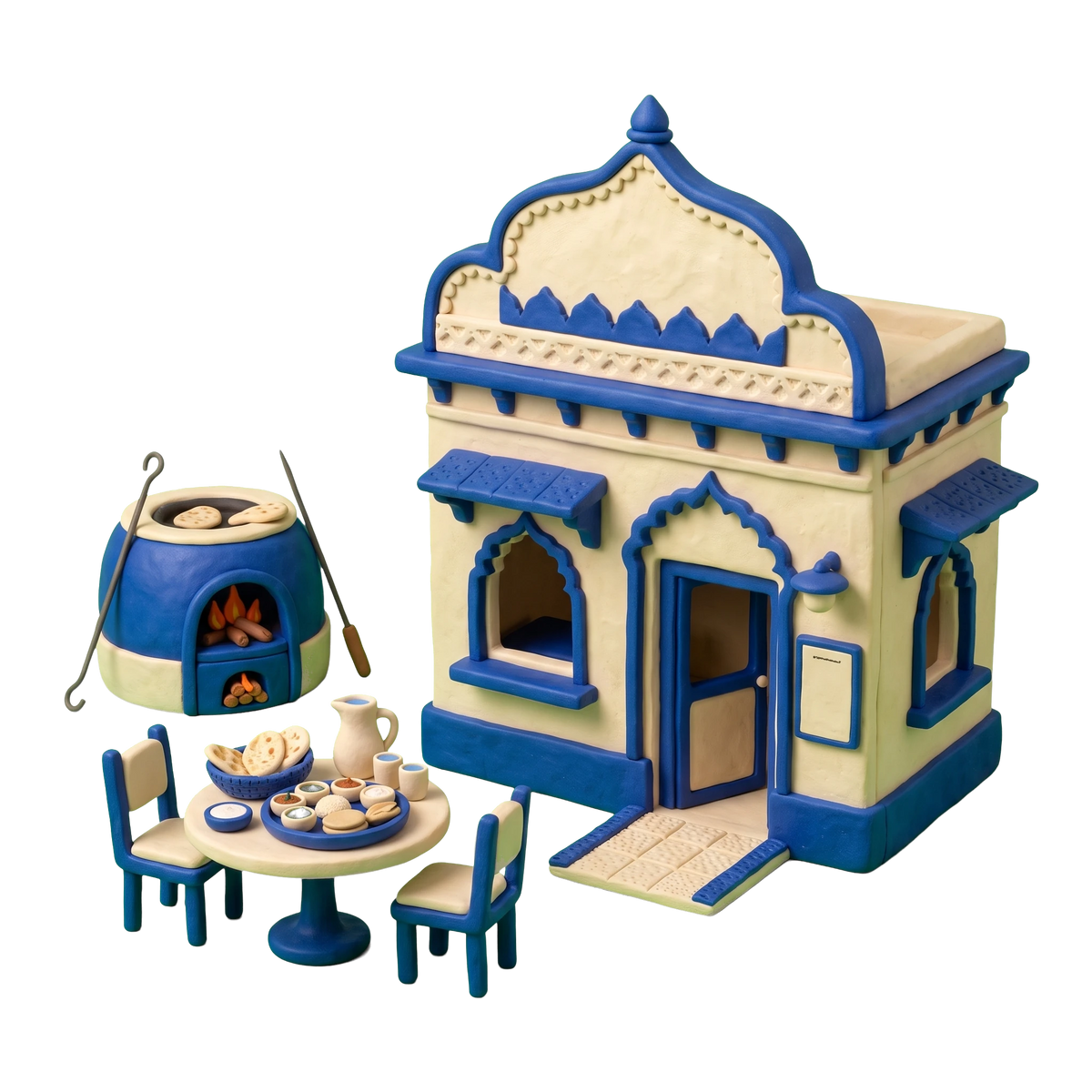 Indian restaurant illustration in blue and ivory clay