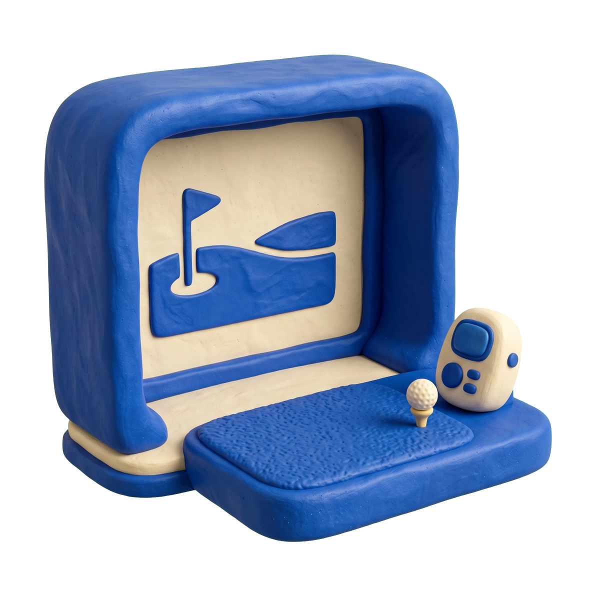 Indoor golf course illustration in blue and ivory clay