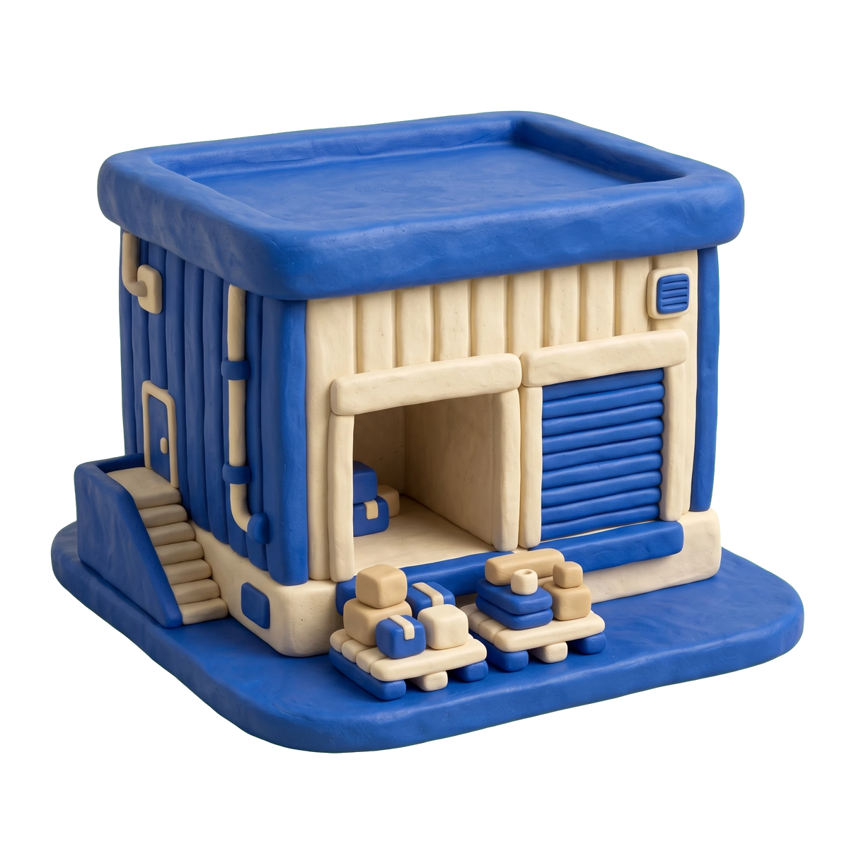 Industrial real estate agency illustration in blue and ivory clay