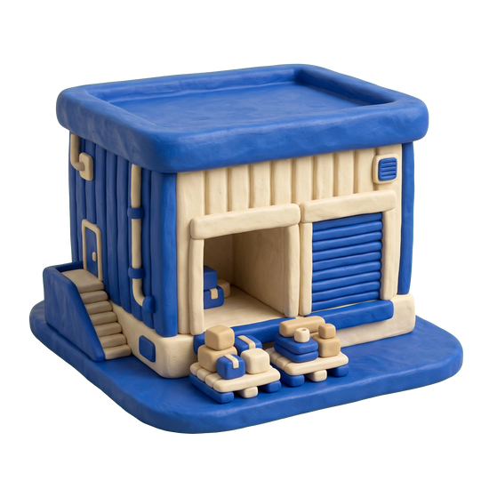 Industrial real estate agency illustration in blue and ivory clay