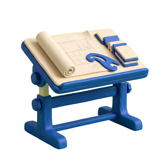 Interior designer illustration in blue and ivory clay