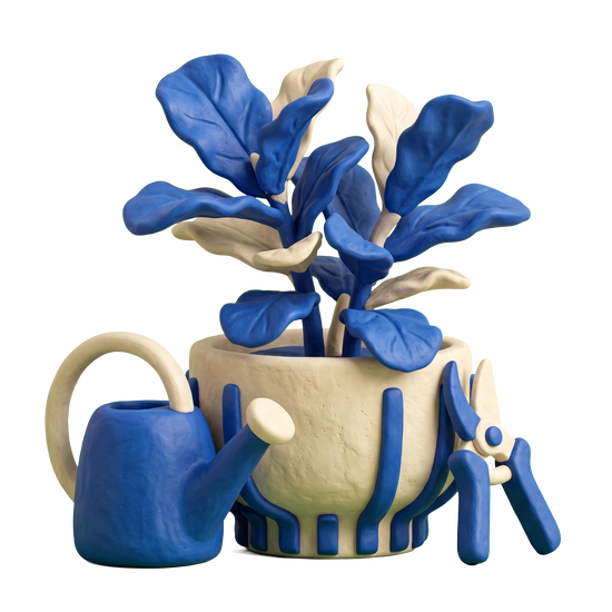 Interior plant service illustration in blue and ivory clay