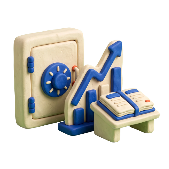 Investment service illustration in blue and ivory clay