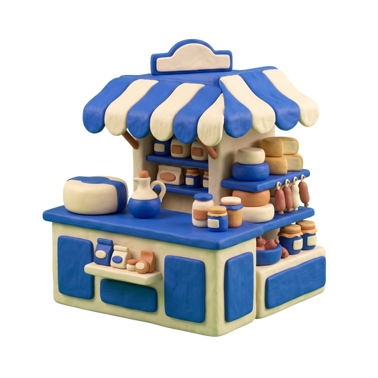 Italian grocery store illustration in blue and ivory clay